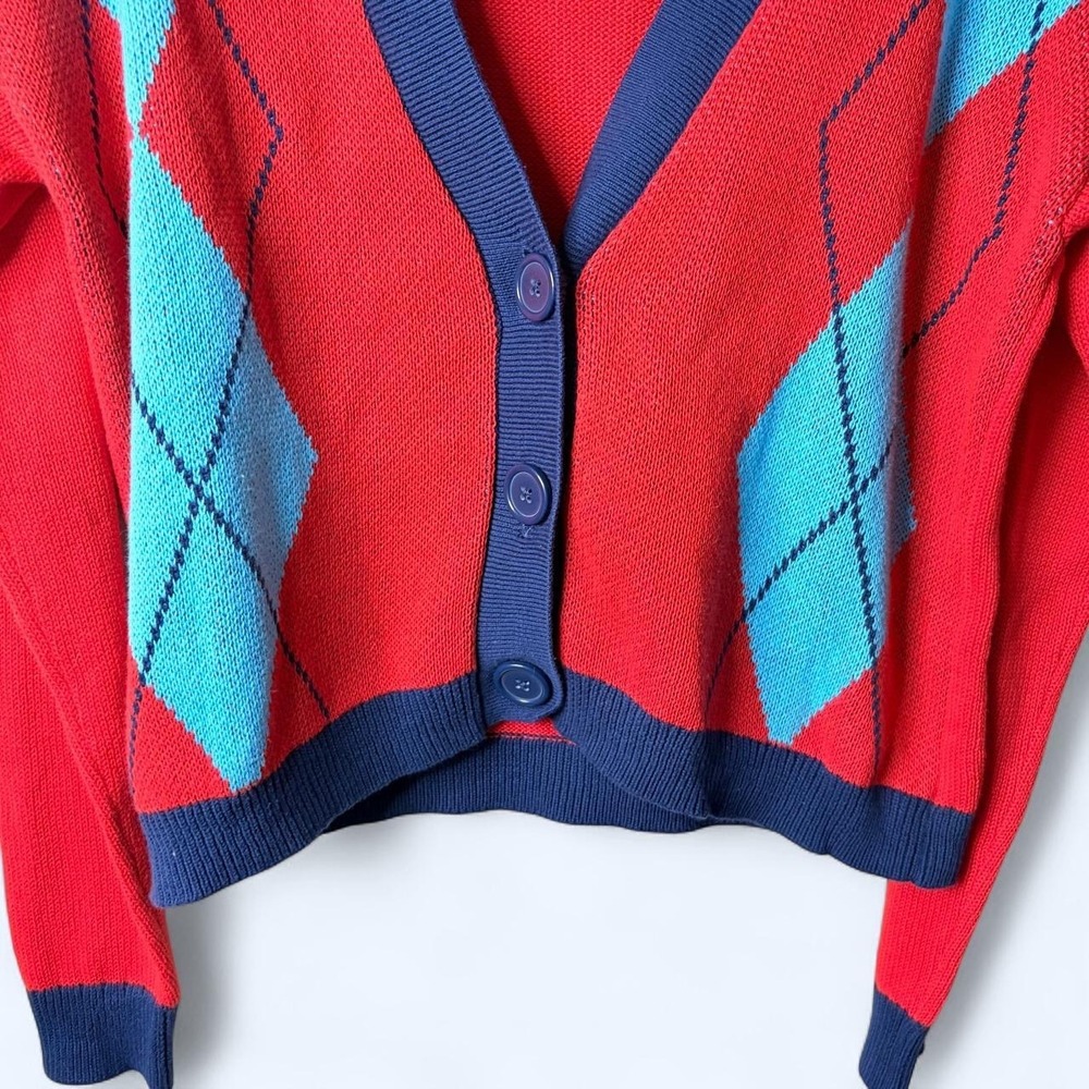 Arizona Red Argyle Cropped V-Neck Cardigan Sweater Size S Preppy Academic - Picture 3 of 8